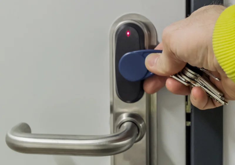 Deadbolt electronic lock close-up on a door